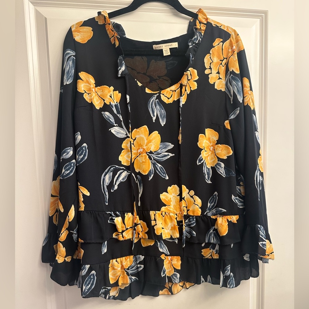 Anthropologie Floral Ruffle Sleeve Blouse